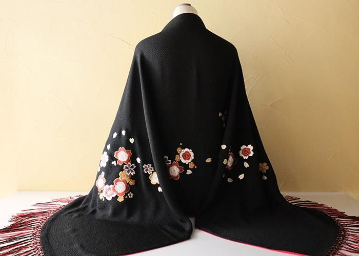ショール 梅と桜刺繍 リバーシブル 黒赤 フリンジ 定価132000円