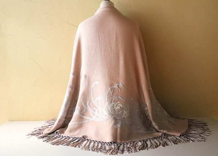 ショール 菊刺繍 リバーシブル フリンジ ラウンド型 - 京都富小路の