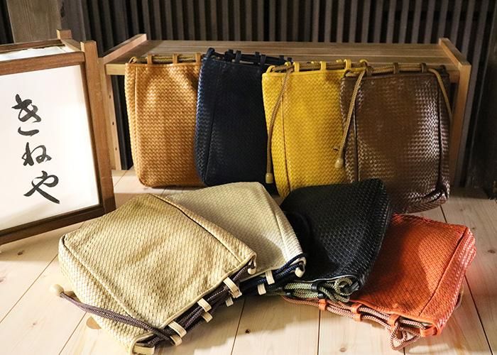 巾着 牛革 刺しメッシュ 編み込み レザー 本革 - 京都富小路の