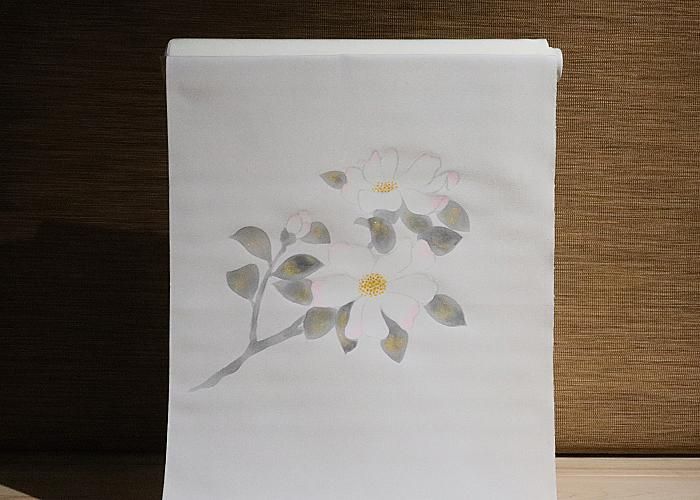 名古屋帯 塩瀬帯 手描き さざんか 九寸 アセテート 名古屋仕立