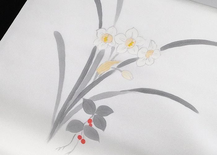 名古屋帯 塩瀬帯 手描き スイセン 九寸 アセテート お仕立代 名古屋帯 塩瀬帯 手描き スイセン 九寸 アセテート お仕立代