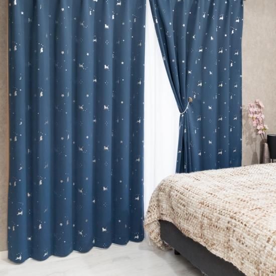 猫柄カーテン 子供部屋にもおすすめの可愛いプリント 遮光1級付 ステラキャット ネイビー Curtain ハッシュタグカーテン