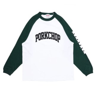 <img class='new_mark_img1' src='https://img.shop-pro.jp/img/new/icons8.gif' style='border:none;display:inline;margin:0px;padding:0px;width:auto;' />PORKCHOP/COLLEGE RAGLAN L/S TEE/WHITE×GREEN