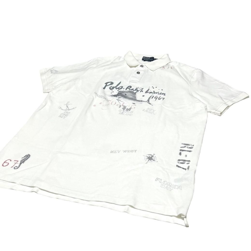 90s POLO RALPH LAUREN ポロシャツ カジキマグロ 魚 L 激レア》ラルフローレン カジキ 魚 総柄 刺繍ロゴ ポロシャツ