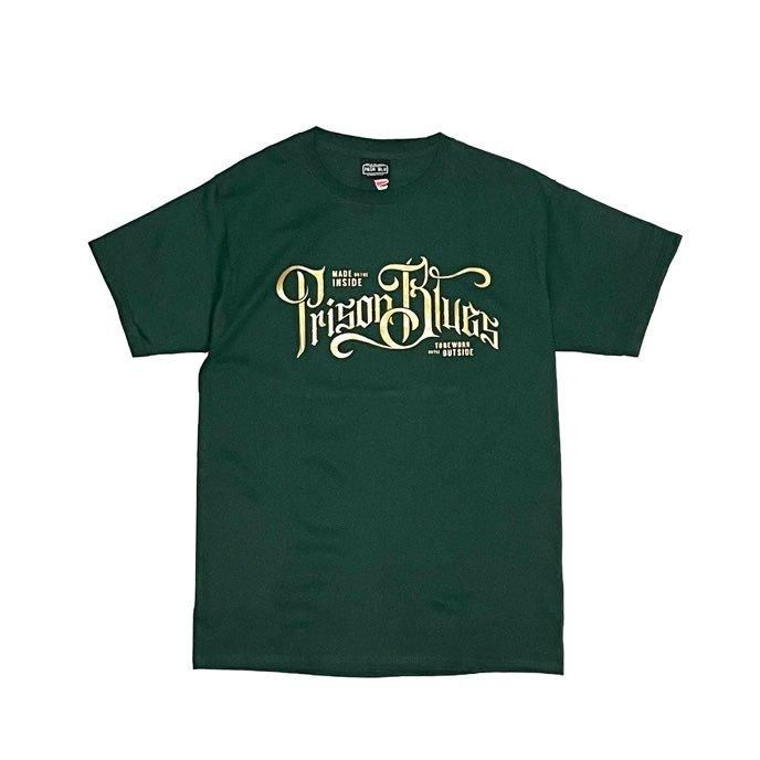 <div>PRISON BLUES</div>S/S PRINT T-SHIRT<br>SCRIPT<br>GREENGOLD