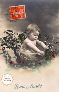 フランスアンティーク　ポストカード　籠の中のヤドリギと赤ちゃん【普通郵便送料無料】
