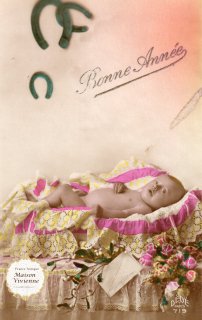 フランスアンティーク　ポストカード　馬蹄と薔薇とヤドリギと揺り籠の赤ちゃん