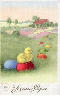 フランスアンティーク　イースターのポストカード ”春の田園に色とりどりのたまごが”