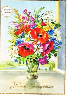 【デッドストックにつき未使用】フランスアンティーク　ポピーやマーガレット、矢車菊の花束のポストカード