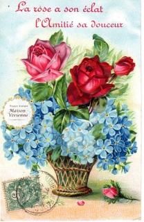 アンティークポストカード/薔薇の花束を持つブルーリボンの