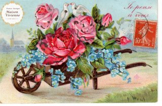 薔薇と忘れな草　エンボス加工のアンティーク・ポストカード