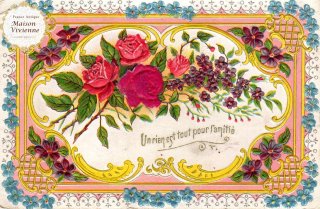 薔薇とすみれと忘れな草　エンボス加工のアンティーク・ポストカード