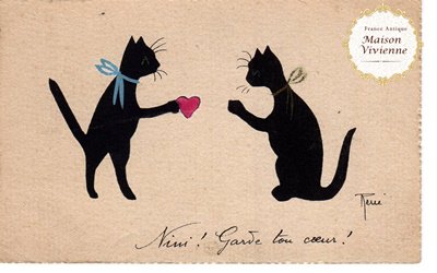 フランスアンティーク　ポストカード　ハートをプレゼントする猫さん【普通郵便送料無料】