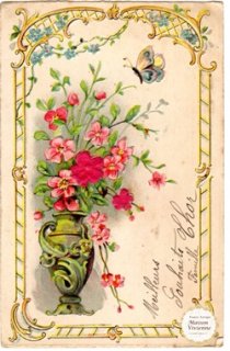 フランスアンティーク　一重薔薇と忘れな草と蝶とアールヌーボーデザインの縁取りが美しいエンボス加工のポストカード　