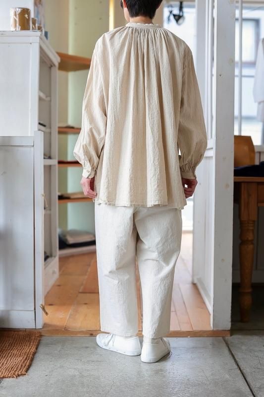YAECA WRITE ユニセックス ギャザー スモックシャツ(ナチュラルストライプ) - SUSCON + RUSTIC HOUSE ONLINESTORE
