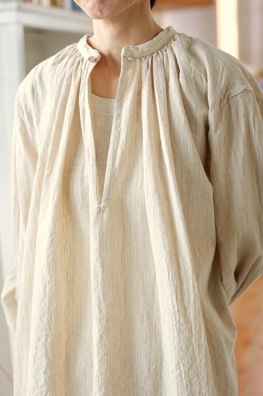 YAECA WRITE ユニセックス ギャザー スモックシャツ(ナチュラルストライプ) - SUSCON + RUSTIC HOUSE ONLINESTORE