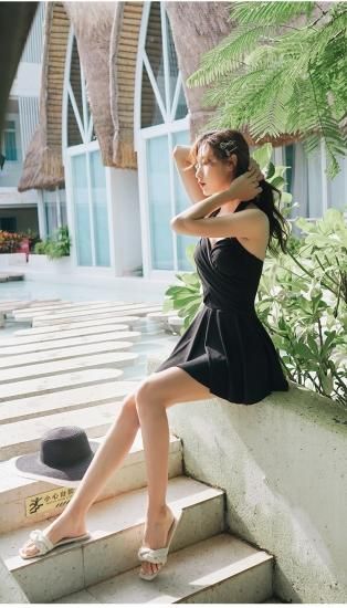 【CUPSHE】Moonlit Serenade☆ワンショルフレア ワンピース水着 水着 ワンピース水着 オープンショルダー フレアスカート ブラック