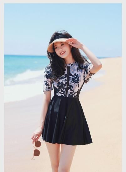 水着 ワンピース水着 花柄 シースルー フレアスカート