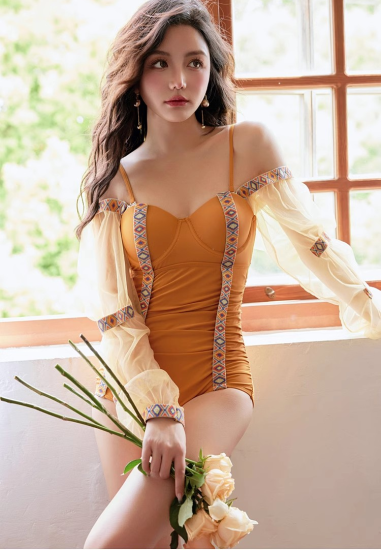 【SEEA】Arianne フレンチスリーブ レトロ サーフワンピース水着 水着 ワンピース水着 フレアスカート シースルースリーブ オレンジ