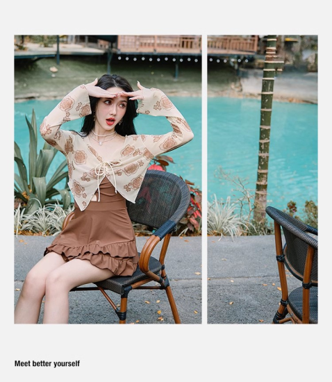 水着 ワンピース水着 花柄 フレアスカート ロングスリーブ 水着 ワンピース水着 花柄 フレアスリーブ フリル シースルー
