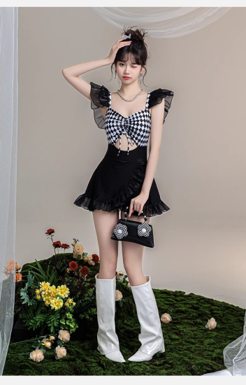 水着 ワンピース水着 シースルー フリル フレアスカート 黒