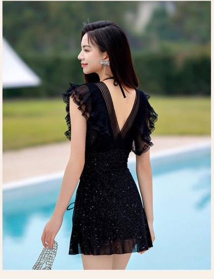 水着 ワンピース水着 フェミニン フレア シースルー Vネック