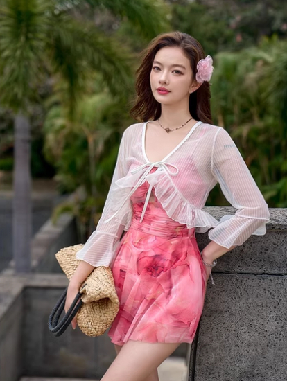 水着 ワンピース水着 シースルートップス付き フレアスカート ピンク