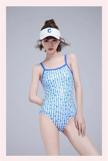 水着 レディース水着 バックコンシャス ストライプ ライトブルー