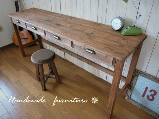 ワークデスク 作業台 長机 引出し4杯 アンティーク デスク 170 ハンドメイド - クキの木