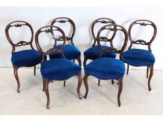  アンティーク家具 販売1890年代 イギリス製 ウォルナット ビクトリアン バルーンバックチェア 6脚セット ネイビーの座面 ダイニングチェア クラシック 〈商品番号 dn-9〉