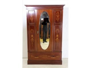 英国アンティーク家具 1910年代 エドワーディアン マホガニー ミラー付き 象嵌細工 ワードローブ 衣装タンス クローゼット 衣類収納 〈商品番号 wr-5〉