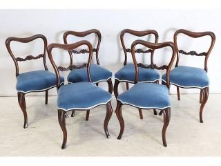 アンティーク家具 店舗&#8203; 1890年代 イギリス製 ウォルナット ビクトリアン バルーンバックチェア 6脚セット ダイニングチェア ブルービロード座面 〈商品番号 dn-15〉