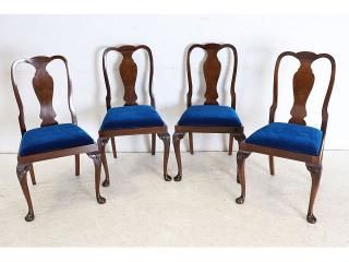 英国アンティーク家具 1970年代 ビンテージ ウォルナット クイーンアンスタイル ダイニングチェア 4脚セット エレガント ブルーの座面 セット販売 〈商品番号 dn-1〉