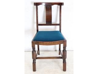 アンティーク家具 福岡 1940年代 イギリス製 ソリッドオーク 無垢材 お花の彫刻 ダイニングチェア 青い座面 〈商品番号 dn-19〉