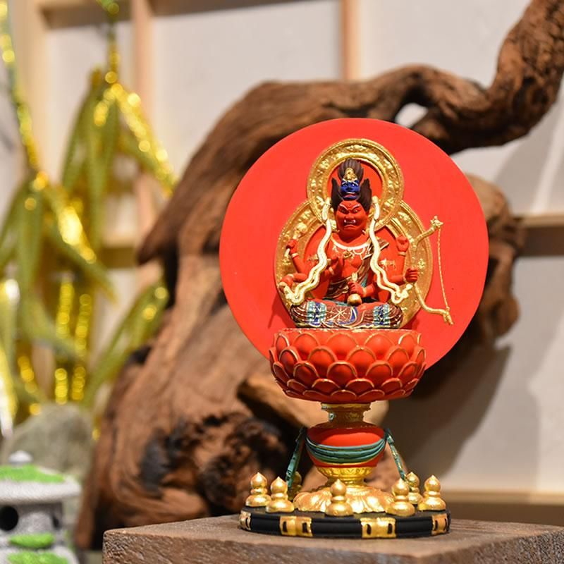 仏教美術 木彫 愛染明王坐像 極彩色仕上げ 仏像 総高12cm 愛染明王 彩色 31.5cm 金泊 極彩色仕上げ 仏像 恋愛 愛情 木造