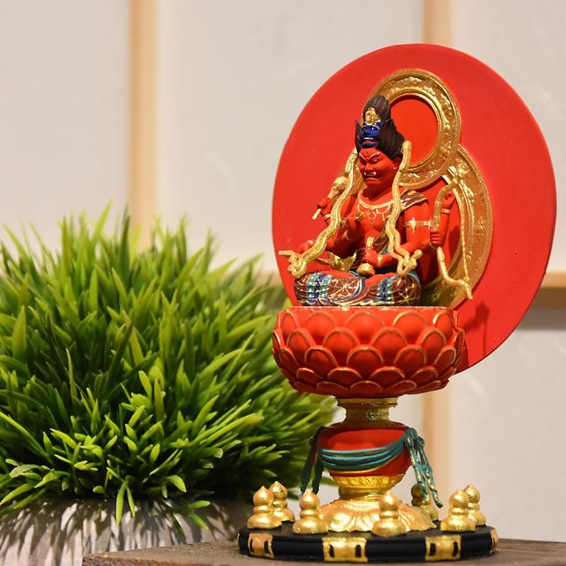 仏教美術 木彫 愛染明王坐像 極彩色仕上げ 仏像 総高12cm 愛染明王 彩色 31.5cm 金泊 極彩色仕上げ 仏像 恋愛 愛情 木造