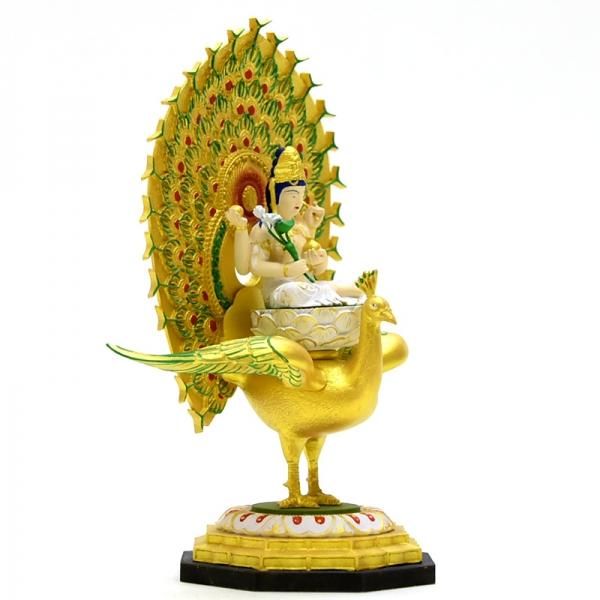 本格小仏 【孔雀明王】 柘植 極彩色 総高17.5cm - 【海宇工芸館 本店