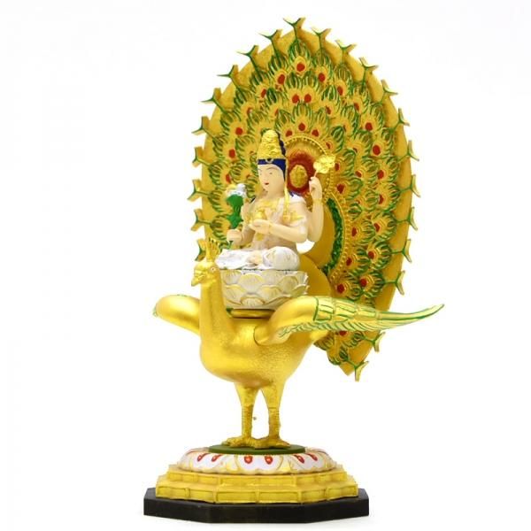 本格小仏 【孔雀明王】 柘植 極彩色 総高17.5cm - 【海宇工芸館