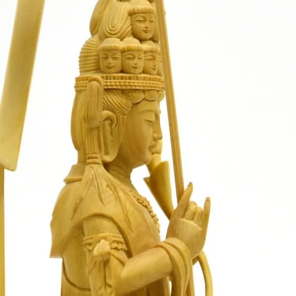 柘植【四臂十一面観音菩薩像】 蓮華岩台 立4.0寸 総高26cm - 【海宇