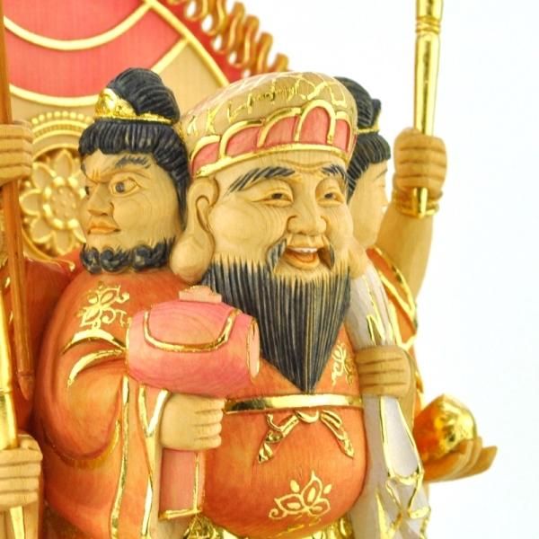 珍品 木彫仏像 七福神三面大黒天立像 彫刻 彩繪 本金 切金 総柘植材 木彫り仏像 【三面大黒天】 桧木 立3.0寸 淡彩切金 総高25cm