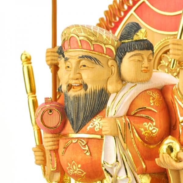 珍品 木彫仏像 七福神三面大黒天立像 彫刻 彩繪 本金 切金 総柘植材 修縁堂】大迫力 木彫り 仏像 七福神大黒天立像 本金 切金 彫刻
