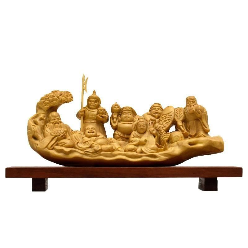 独特の素材 木彫り仏像 一本彫り【七福神】 柘植（ツゲ） 幅約15cm 彫刻・オブジェ