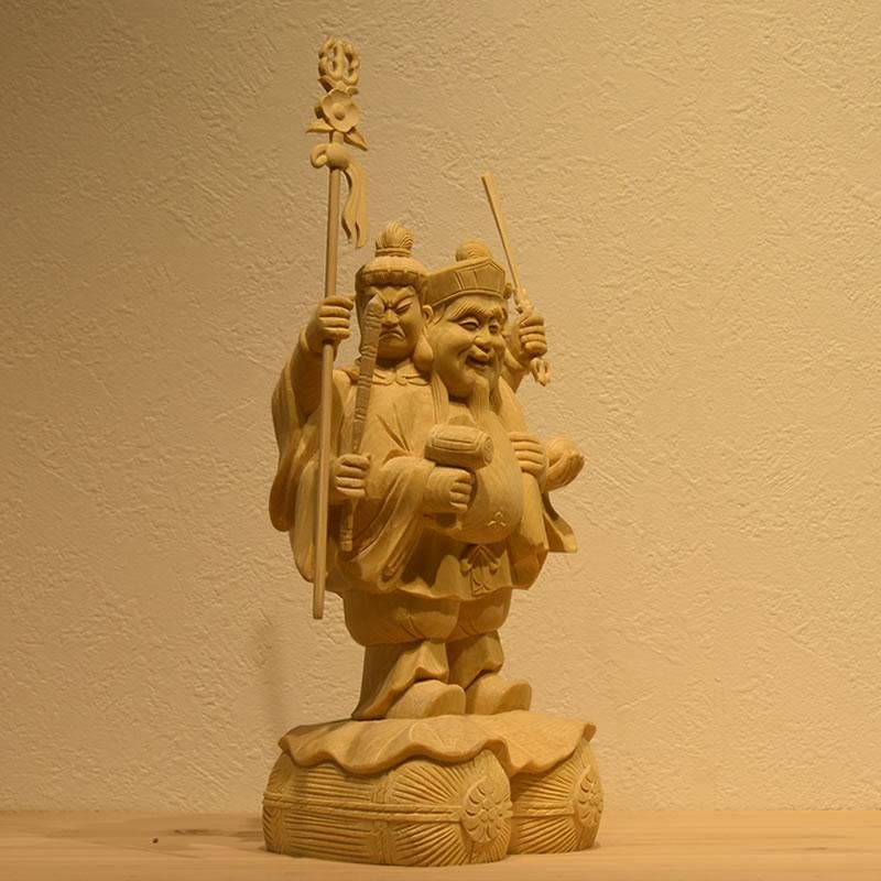 三面大黒天像】 桧木（ヒノキ） 総高26cm 【勝利神・財運神
