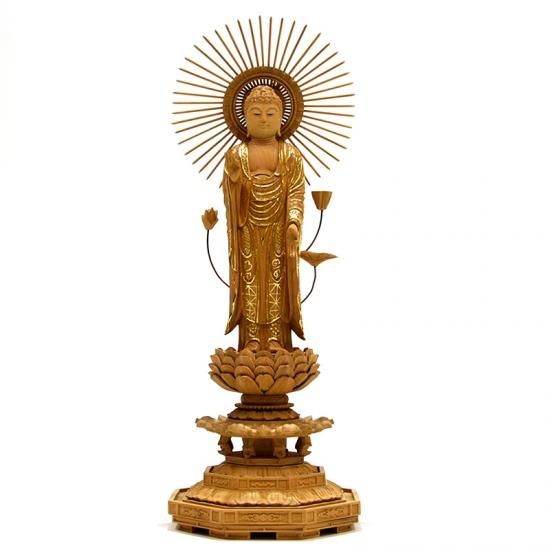 東型阿弥陀如来】 放射光背八角台 肖楠木 眼入切金 立5.0寸 総高33cm