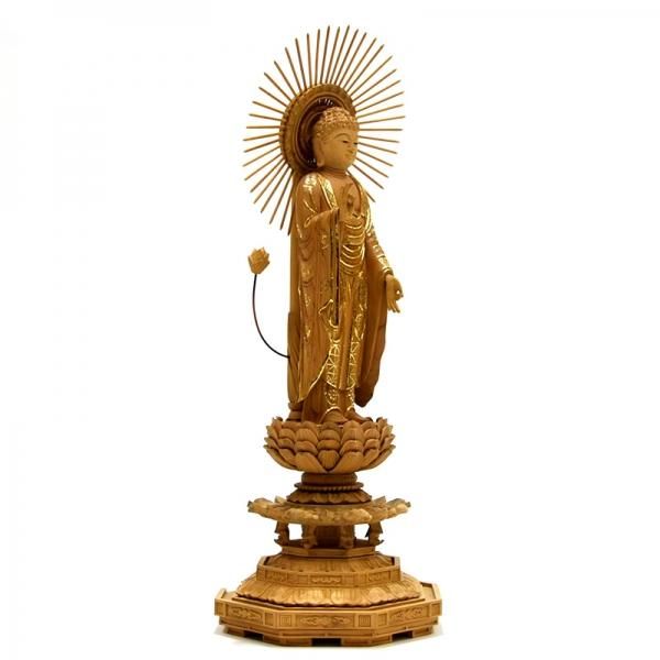 東型阿弥陀如来】 放射光背八角台 肖楠木 眼入切金 立5.0寸 総高33cm