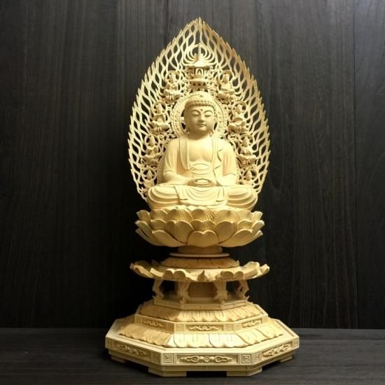 釈迦如来】 桧木 飛天光背八角台 坐6.0寸 総高60cm