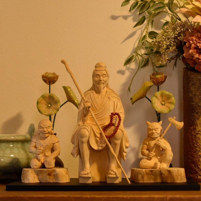 柘植【役行者及二鬼像 三尊セット】 ※敷台付き