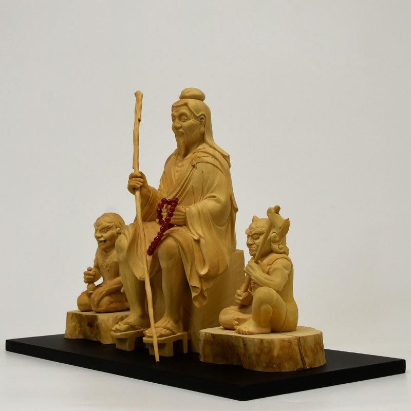 柘植【役行者及二鬼像 三尊セット】 ※敷台付き