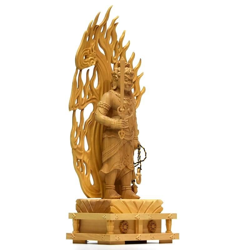 不動明王立像】 火炎光背四角台 柘植 立4.0寸 総高約24cm