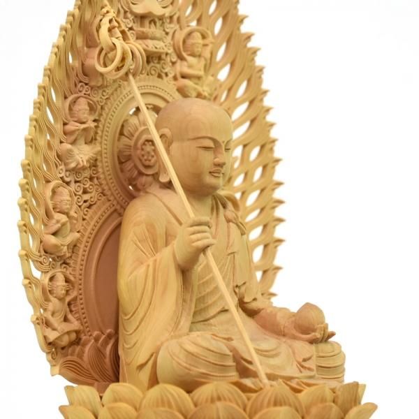 木彫り仏像 【地蔵菩薩坐像】 飛天光背八角台 柘植（ツゲ） お地蔵さん
